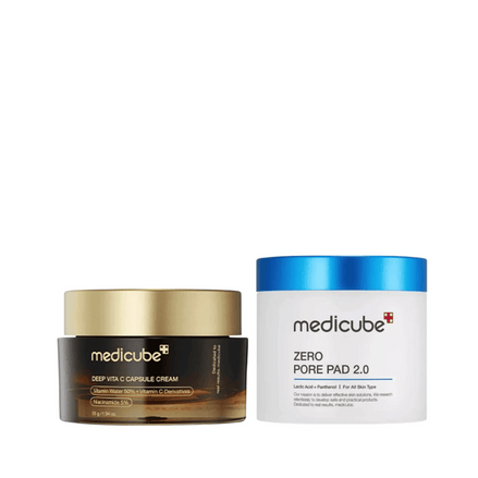 dupla iluminador coreano medicube deep vita c - creme cápsula vitamina c 55g + lenços esfoliantes controle oleosidade e poros zero pore pad 2.0 70ea