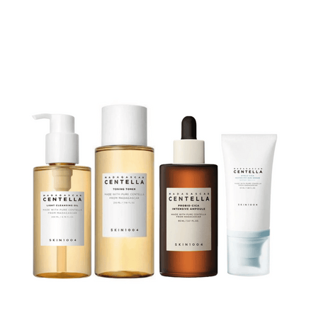 kit completo skin1004 para pele sensível - óleo de limpeza centella madagascar 200ml + tônico 210ml + sérum probio-cica 95ml + protetor solar hyalu-cica 50ml