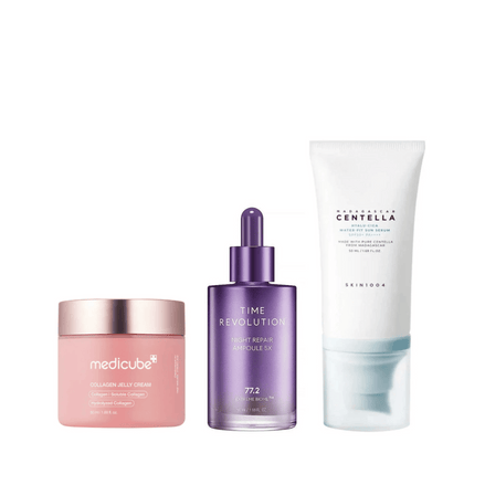 trio pele madura medicube & missha + proteção skin1004 - jelly collagen + night repair ampoule + protetor solar fps50+ 50ml