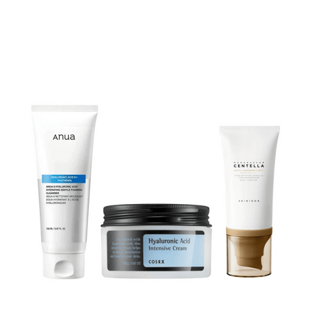 trio hidratação e proteção anua, cosrx & skin1004 - gel limpeza ácido hialurônico 8 150ml + creme hidratante hyaluronic acid intensive 100g + protetor solar centella air-fit toque seco fps50+ 50ml